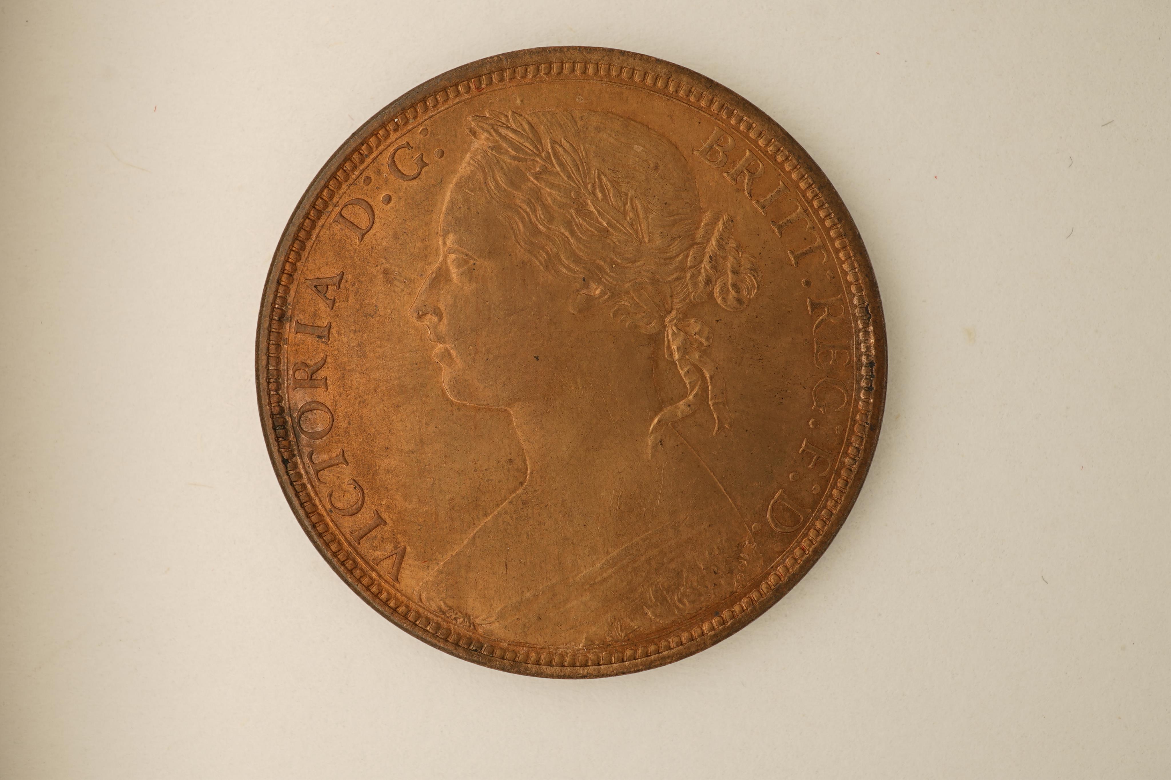 British coins, Victoria, four bronze pennies;, 1881, Fr. 102, Gouby dies M/k, light surface pitting to obv. otherwise near EF, dark toned, patches of lustre, 1882, H below date, Heaton mint, Fr. 115, Gouby dies R/r, cris